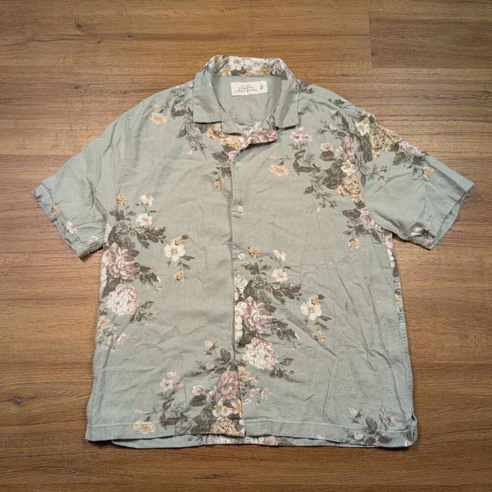 Abercrombie & Fitch Summer Linen Blend Camp Shirt Sz M Green Floral Button Up